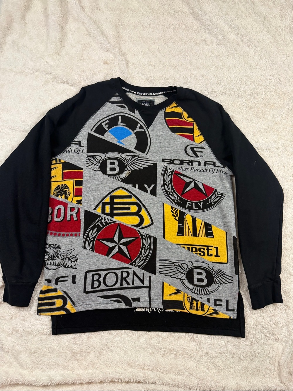 Graphic Patchwork Crewneck Sweater - Black, Gray & Yellow